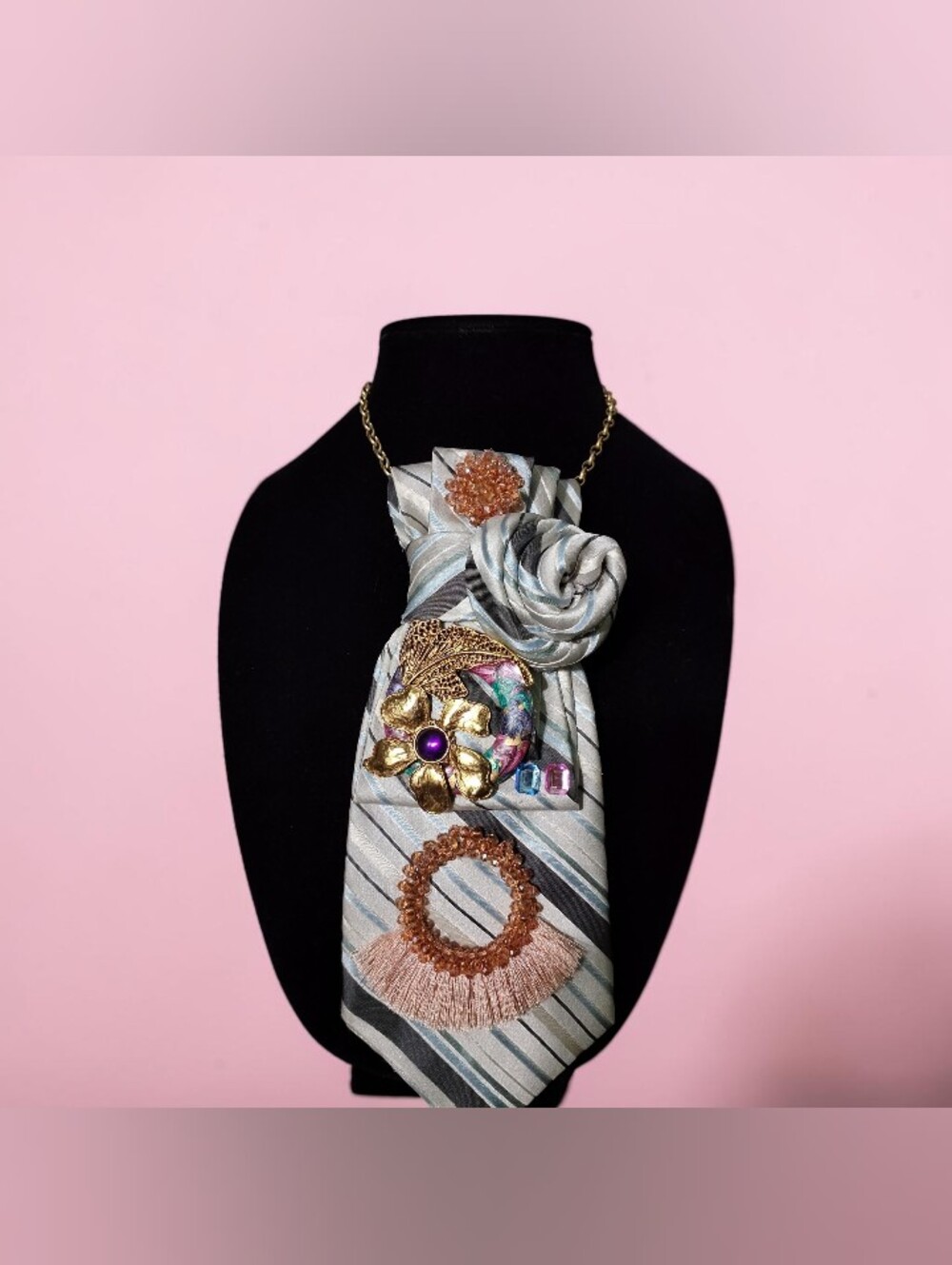 Handcrafted Statement Necklace with Silver-Gray Striped Fabric and Blush Accents